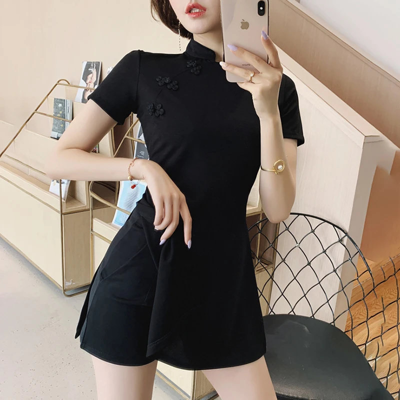 

Женский костюм-Ципао, черный офисный костюм из топа с воротником-стойкой и с пряжкой, с высокой талией, шорты, размера плюс, B078