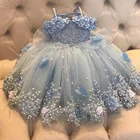 Светильник но-голубое платье принцессы с жемчугом и цветами, платья для свадебных торжеств, платье в пол из тюля для первого причастия