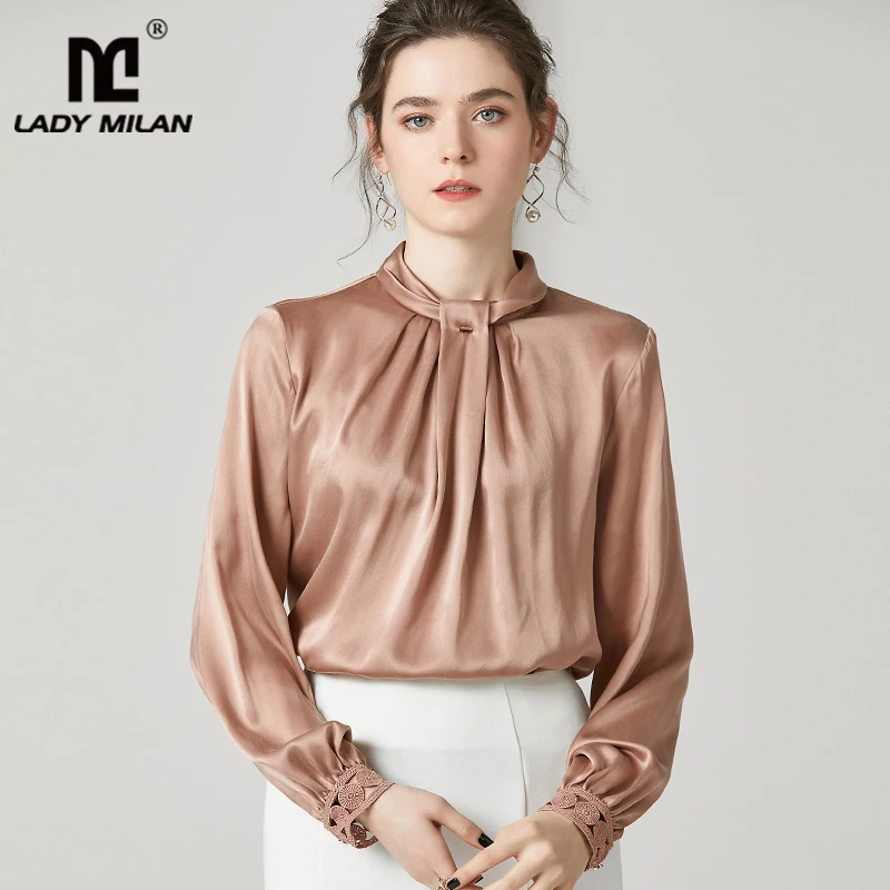 100% чистый тяжелый шелк Женские Подиумные рубашки с О-образным вырезом и вышивкой