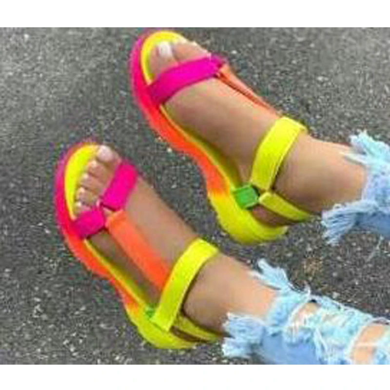

Summer 2020 Women Shoes Thick Bottom Comfortable Women Sandals Velcro Rainbow Mid-heel Fashion Beach Sandals Plus Size 37-42