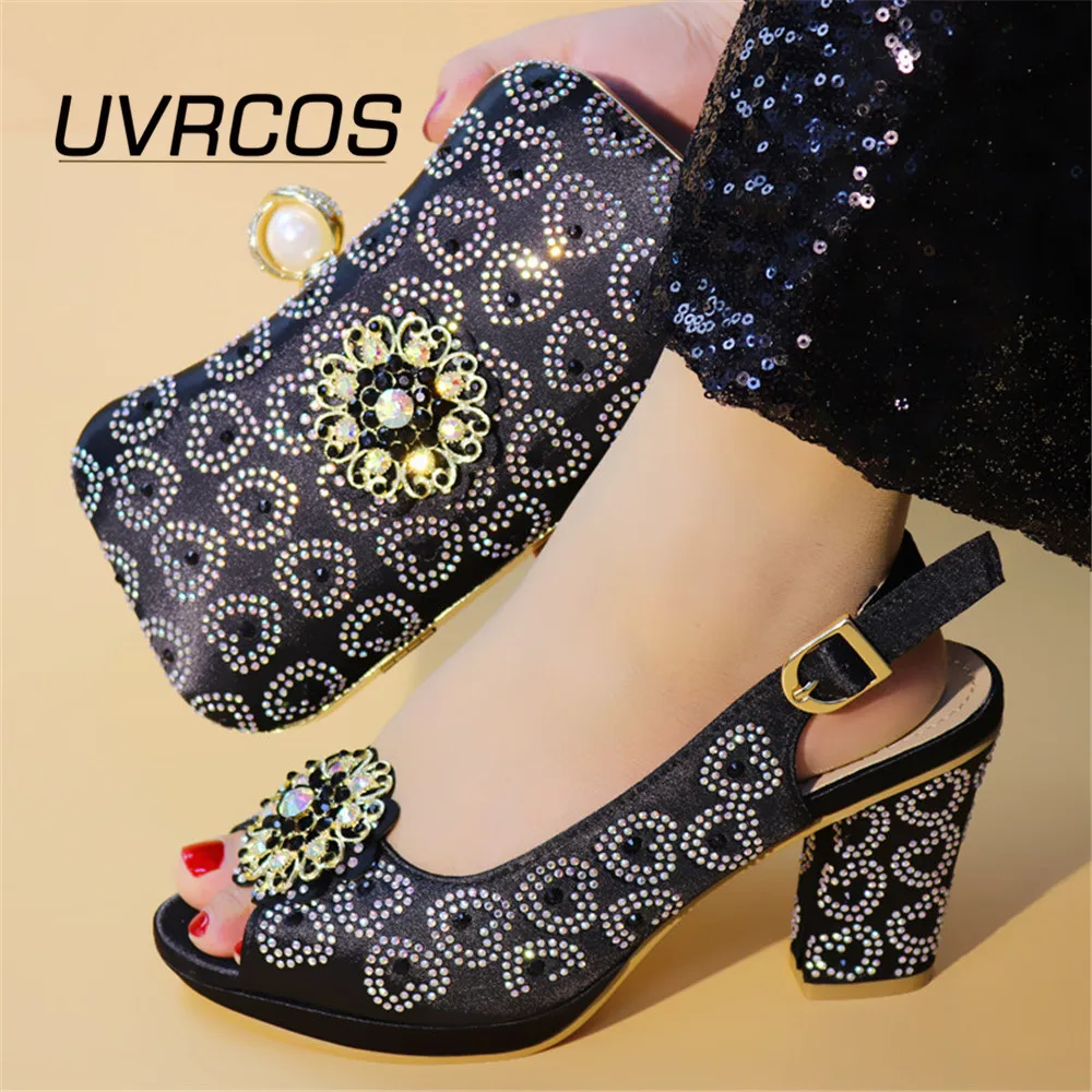 

Elegant 2021 New Arrival BLACK Color Italian Shoes with Matching Bags for Women Nigerian Women Wedding Shoes and Bag Set