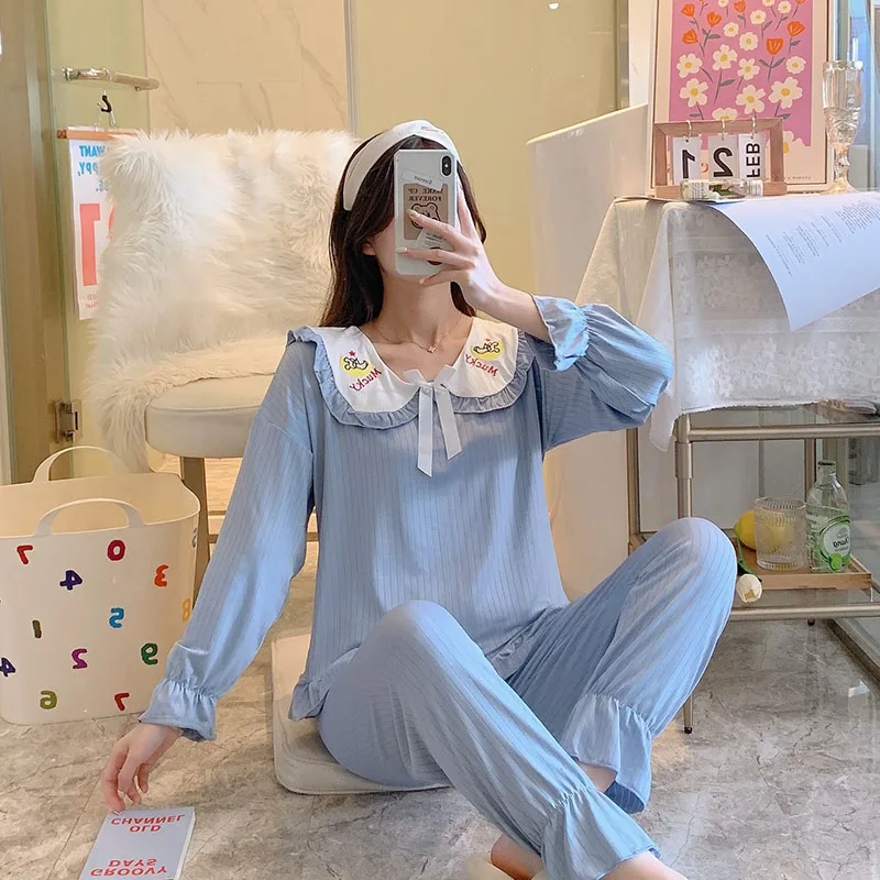 

Comfy Home Clothes For Women Solid Pajamas Set Autumn Woman 2PCS Sleepwear Long Sleeve Shirt&Pants Femme Pijamas Suit Loungewear