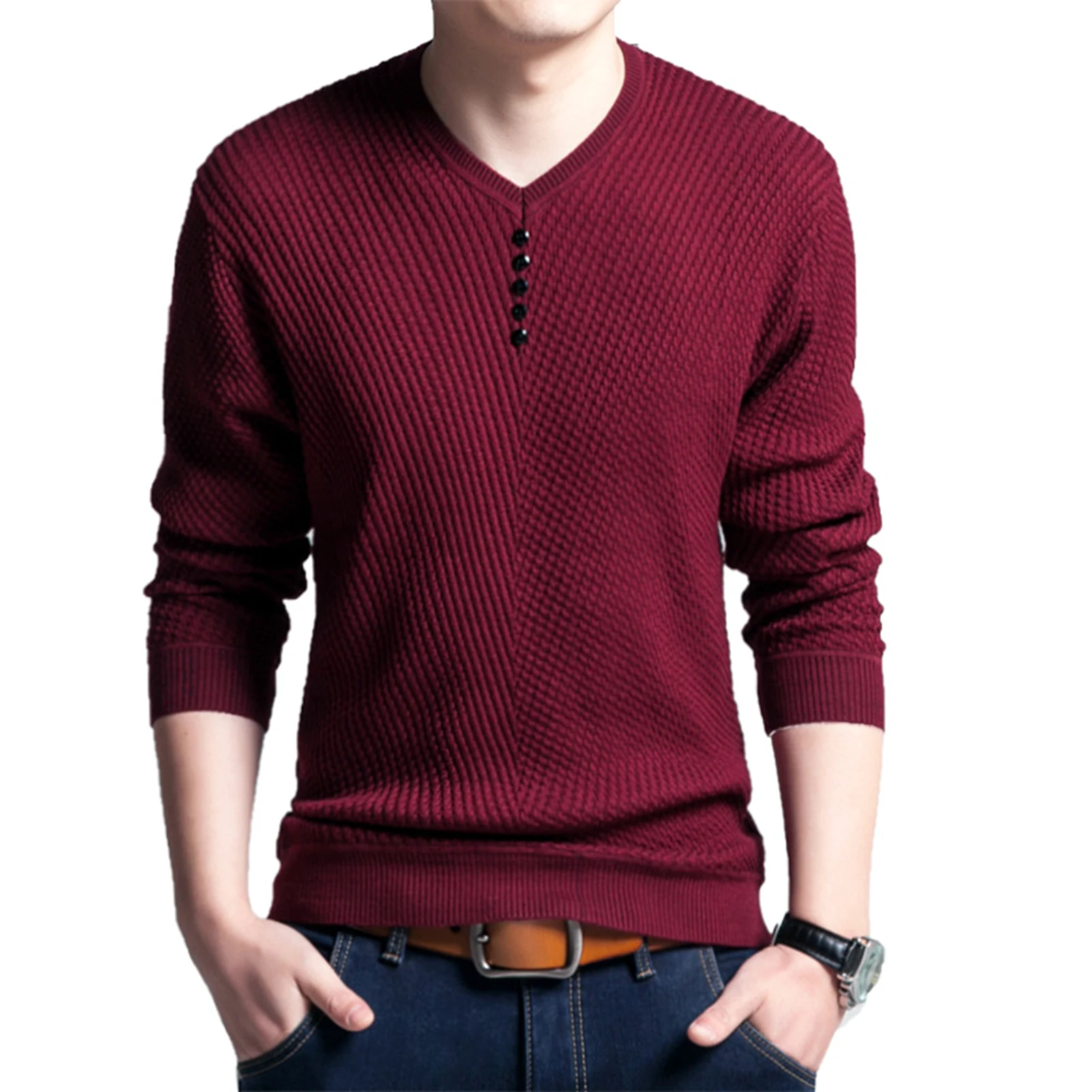 

Casual Men Autumn Long Sleeve V Neck Solid Color Buttons Pullover Blouse Top