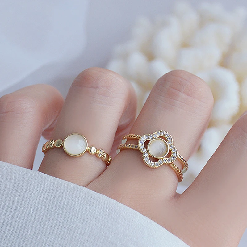 

2021 New Arrive Popular Design 14k Real Gold Temperament Opal Rings for Women Adjustable Open Advanced Jewelry Bling Zircon Gift