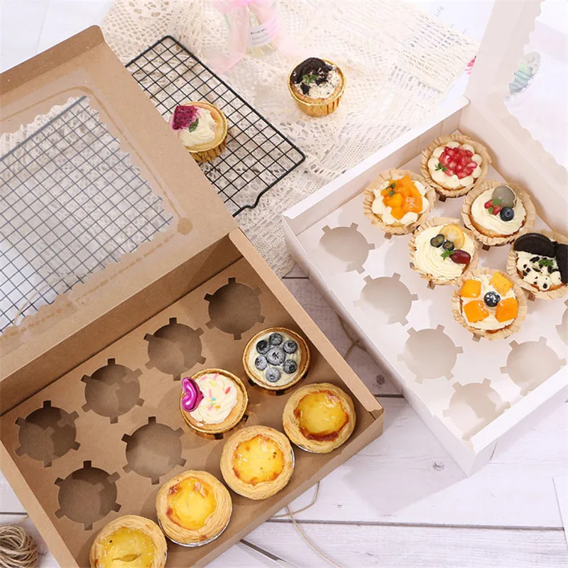 

10pcs 12 Cavities Portable Cupcake Boxes Gift Sweety Cup Cake Bag with Window Dessert Container Cardboard Paper Packaging Box
