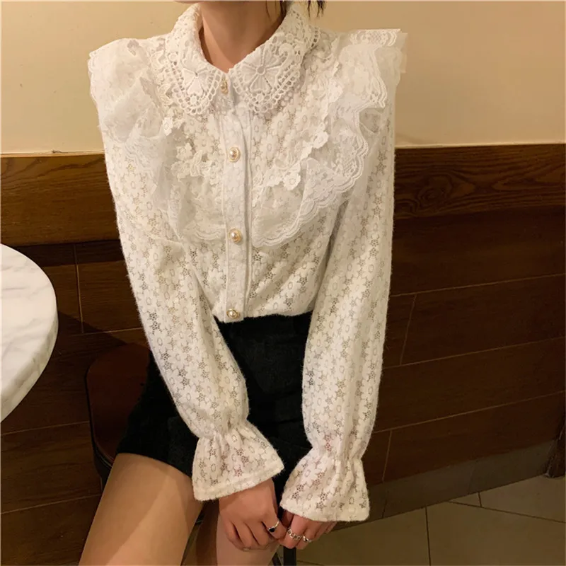 

2021 spring ruffles lace up hollow out single breasted solid shirt elegant temrperament all-match spring shirt 2021 new top