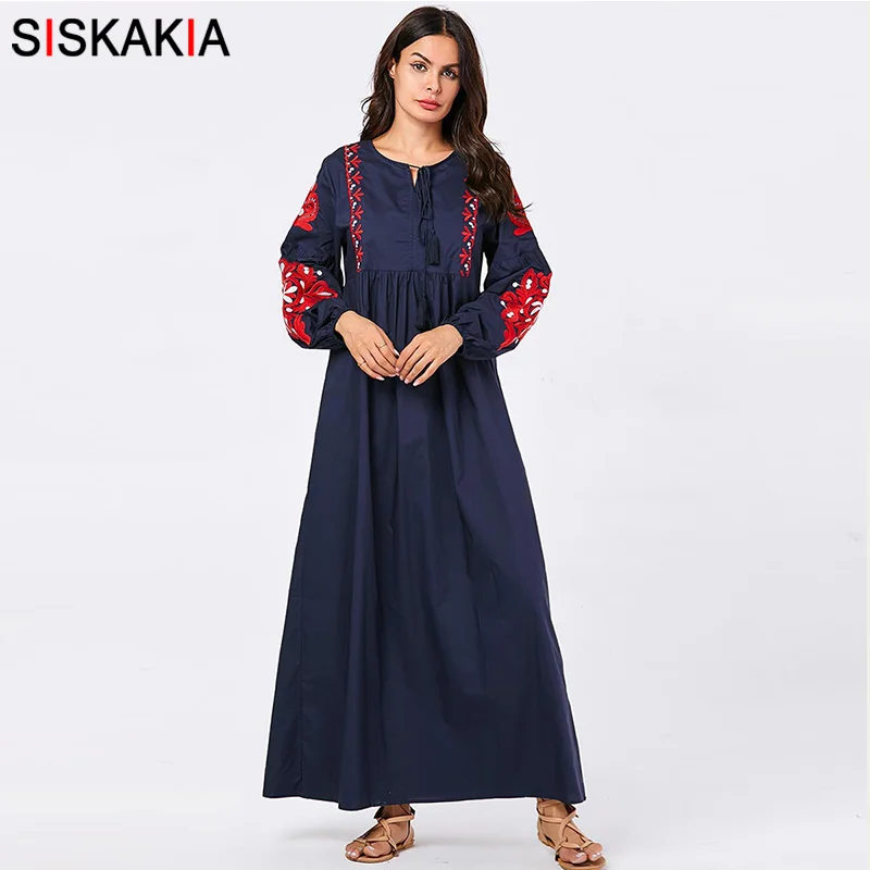 Siskakia/длинное платье с вышивкой в этническом стиле Осеннее Повседневное круглым