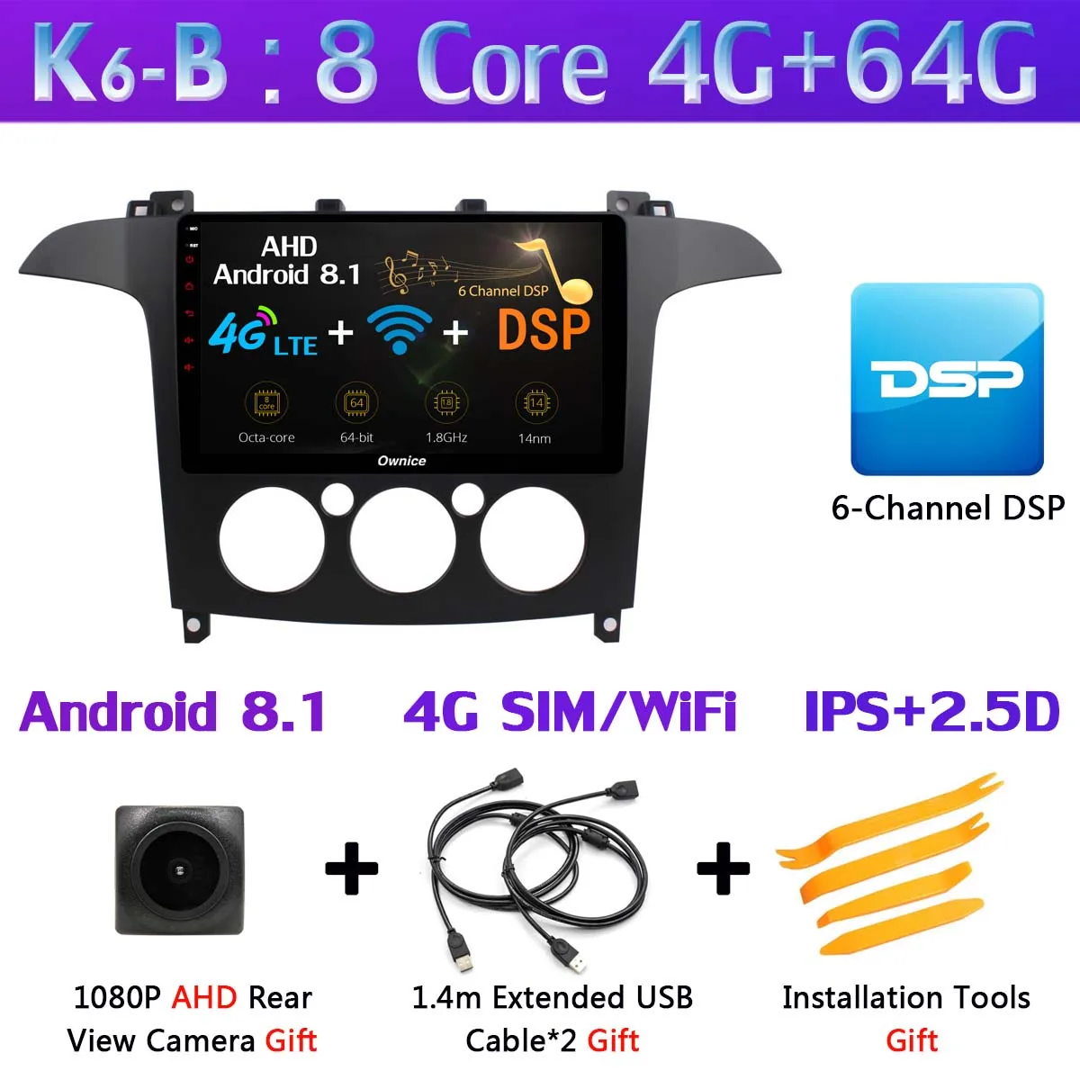 K6-B 360 ° камера 4G SIM Android 9,0 4G+ 64G gps Navi Радио CarPlay SPDIF DSP Автомобильный плеер стерео для Ford S-Max S Max 2007-2008 AT/MT - Цвет: K6-B
