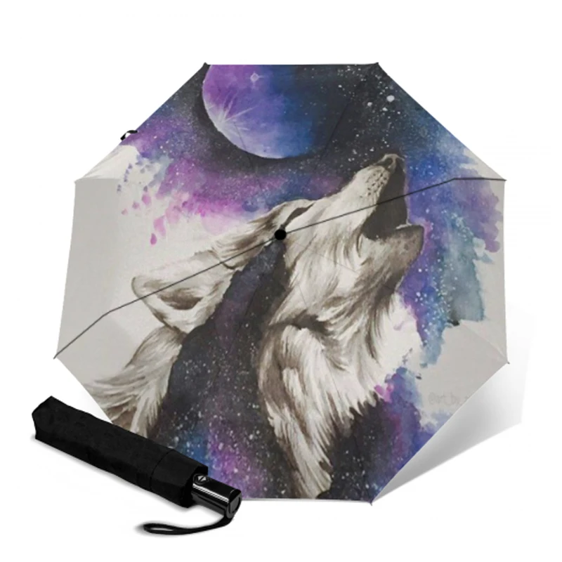Модный полностью автоматический зонт с волчьим узором для женщин 3 Складные
