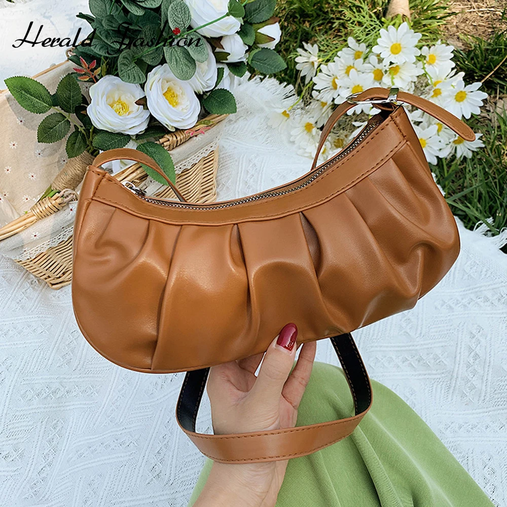 

Vintage Women Pleated Large Handbag Shoulder Underarm Pure Color PU Leather Bag Soft Leather Female Designer Handbag