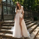 Booma блестящее кружевное свадебное платье в стиле бохо с завязками и бантом, Аппликации Свадебные платья с высоким разрезом, Длинные свадебные халаты трапециевидной формы с открытой спиной