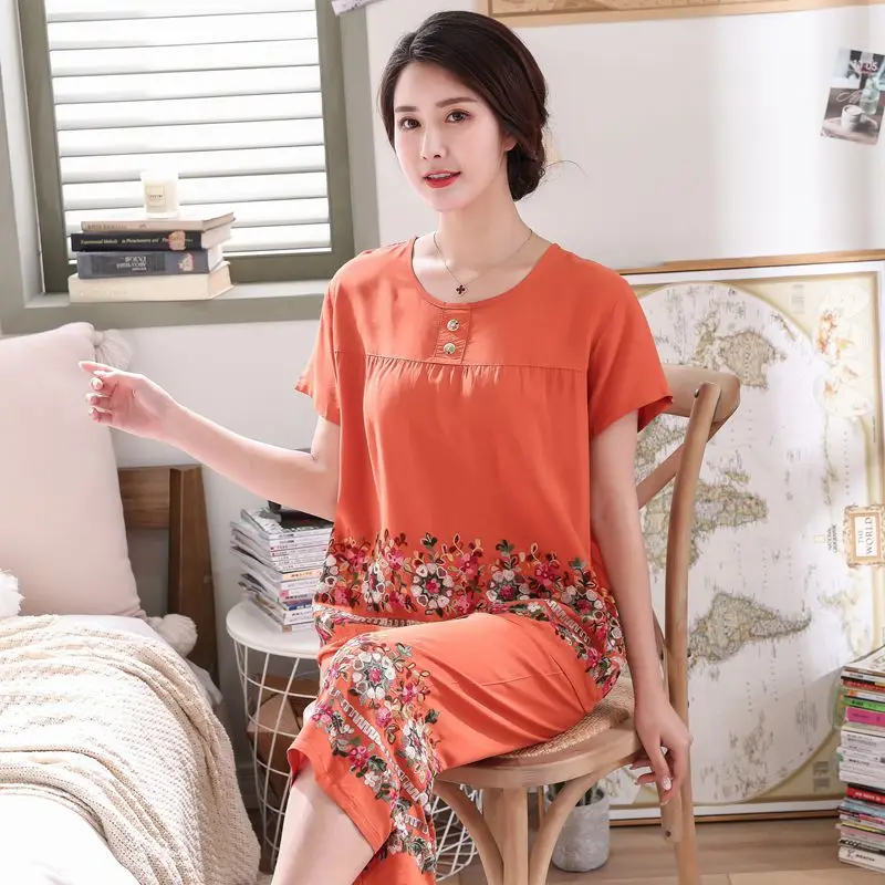 

Summer Middle-Aged And Elderly Pajamas Female Mother Thin Section Short-Sleeved 2PCS Cotton 100% Cotton Suit Home Service