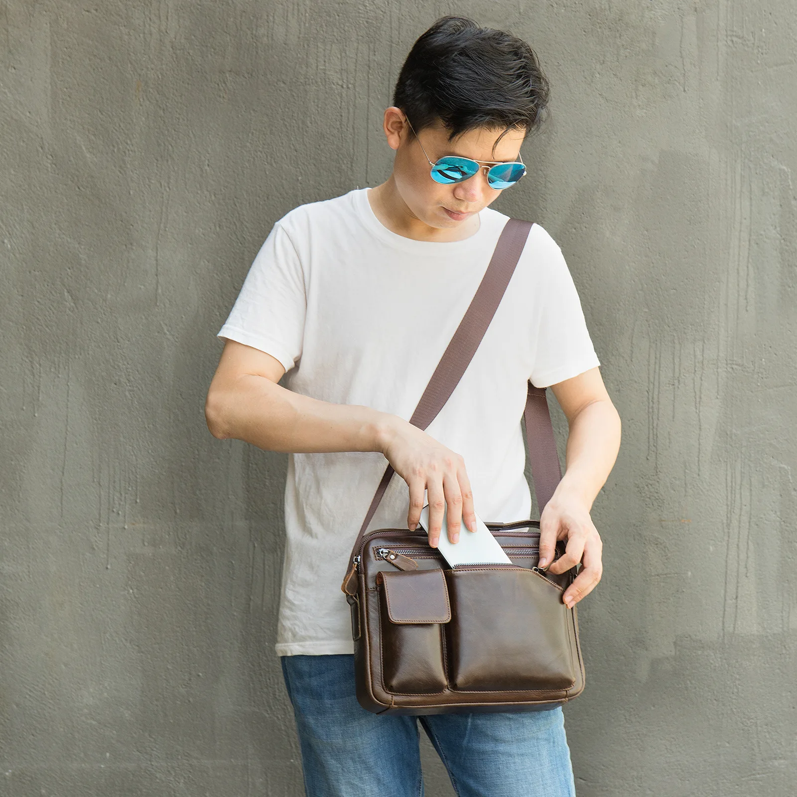 Men Briefcase Genuine Leather Handbag Shoulder Business 14