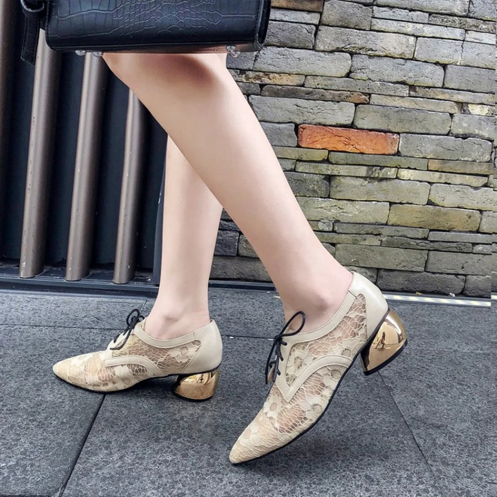 

Womens Pointed Toe Lace Embroidery Gold Strange Heel Breathable Lace Up Shoes Summer OL Plus Size 2Colors New 2021