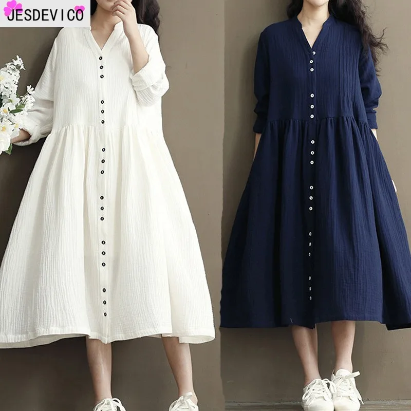 Женское платье на пуговицах с v образным вырезом хлопковое льняное средней длины