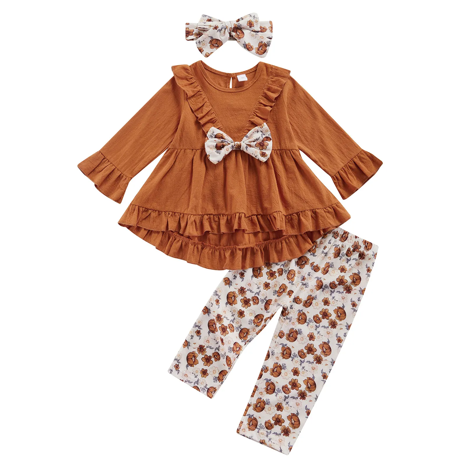 

Toddler Baby Girls Clothing 3Pcs Autumn Outfit Casual Sets Orange Long Sleeve Ruffle A-Line Tops Floral Pants Bow Headband