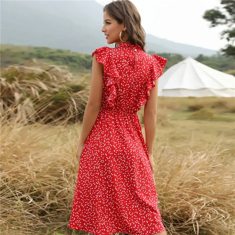 2021 New Summer Dot Print Dress Women Casual Butterfly Sleeve Ruffles Medium Long Chiffon Dress