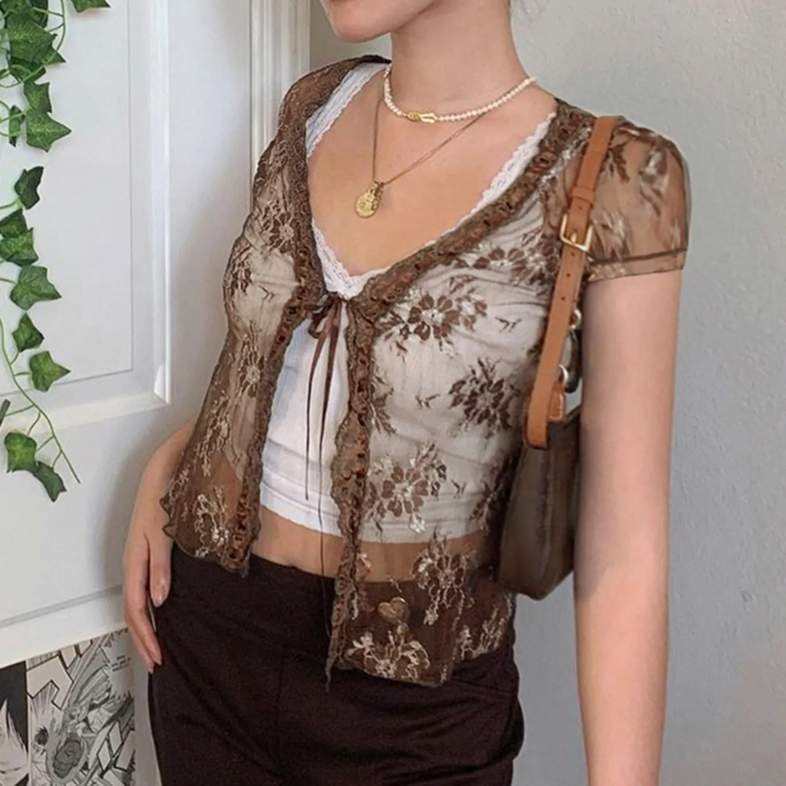 

Women Blouse Lace Cardigan Jacket Mesh Flower Tie Short Sleeve Cardigan Top Streetwear Elegant Top Shirt Ropa De Mujer D4