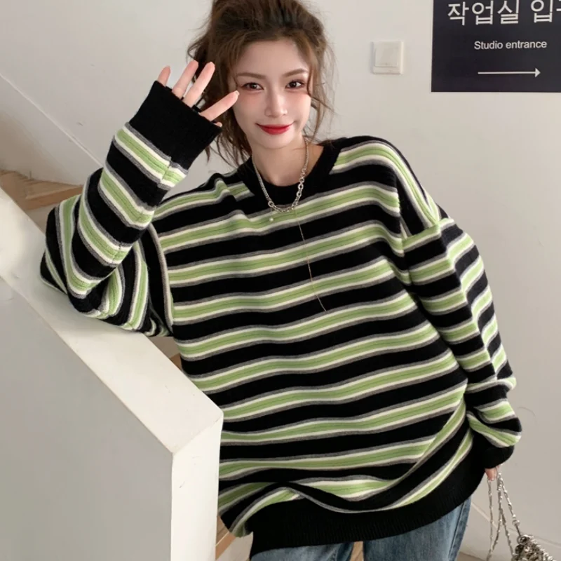 

Woman Sweaters 2021 New Korean Fashion Commute All-match Round Neck Contrast Stripe Design Loose Casual Knitted Pullover Sweater