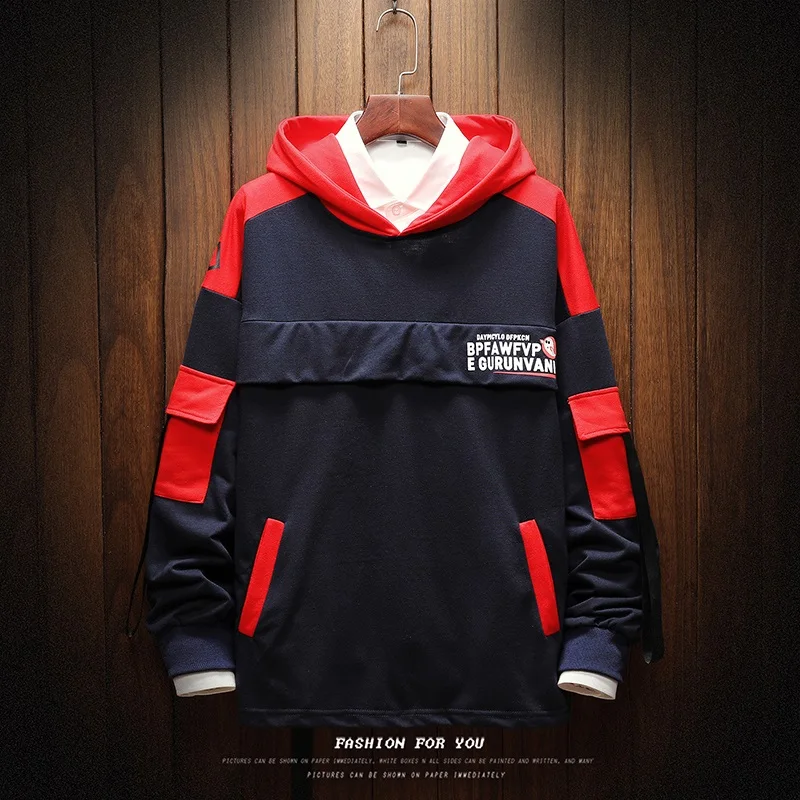 

High Hooded Hoodies Patchwork Street pocket Pullover Sweatshirt Men Fashion Hip Hop Streetwear Hoodie Autumn Print letters
