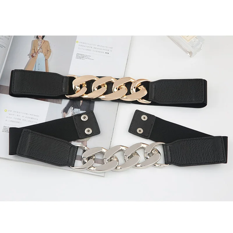 

Fashion Punk Women Elastic Wide Belts PU Leather Thick Chain Waist Strap Dress Coat Sweater Lady Decorative Waistband corset