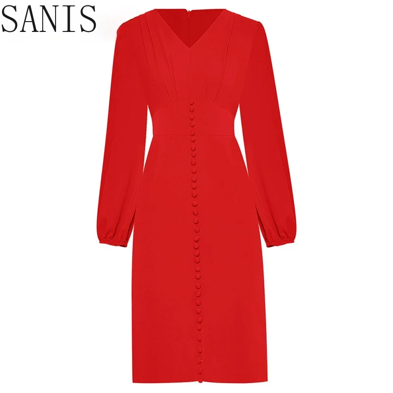 

Sanis2021 Summer Women Plus Size Casual Office Short Dress Designer Lady V-neck Lantern sleeve Solid Slim Mini Dress S-3XL