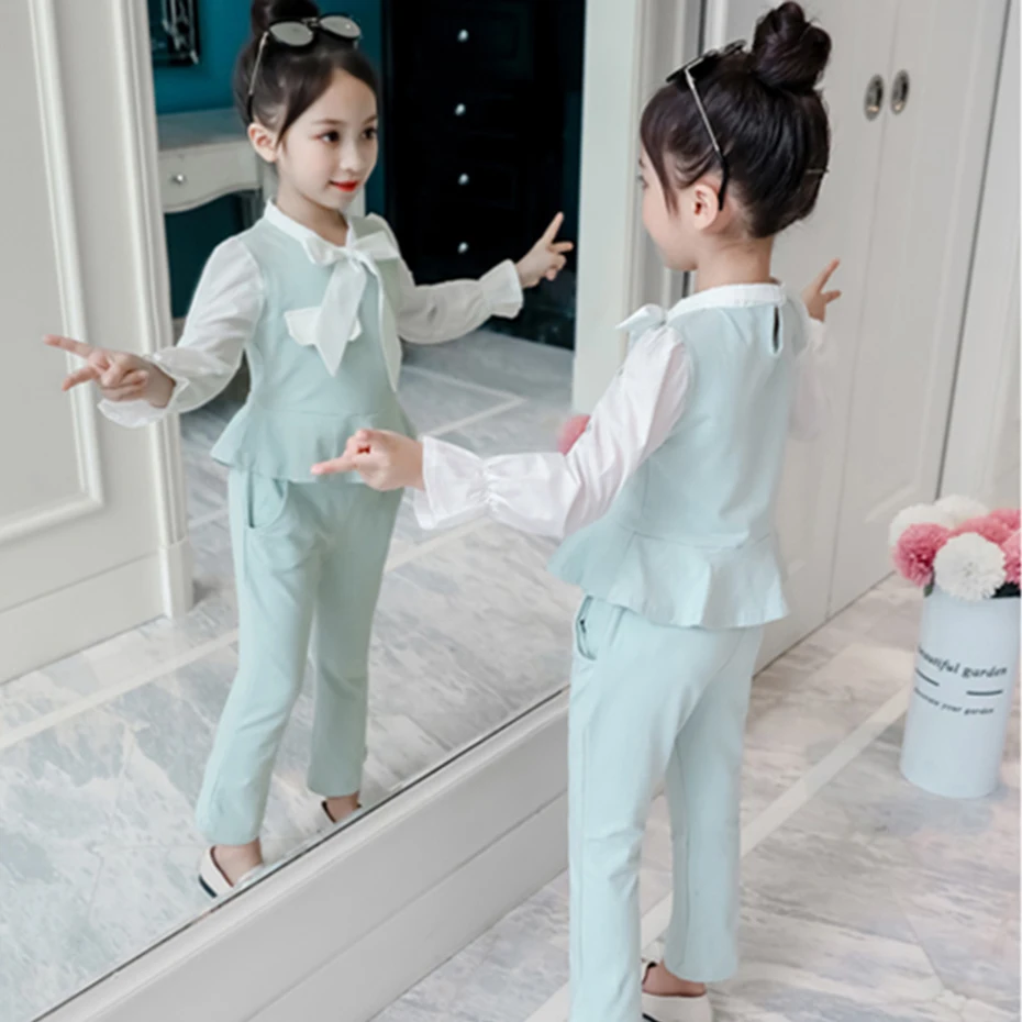 Детская одежда рубашка с оборками и штаны Одежда для девочек модная школьная из 3