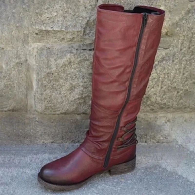 

2020 New Winter Women's Retro PU Buckle Strap Zipper Knight Boots With Short Plush Ladies Boots