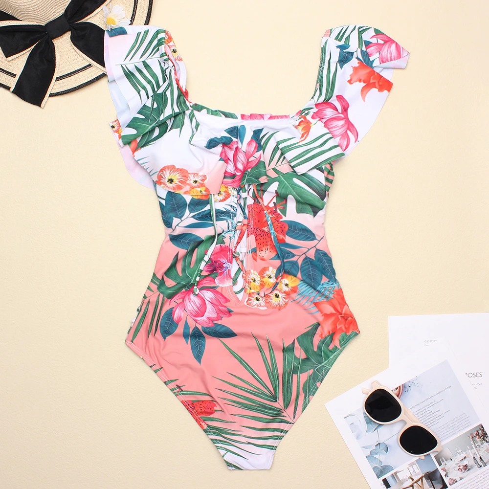 Женский слитный купальник с оборками цветным топом-трубой купальный костюм для