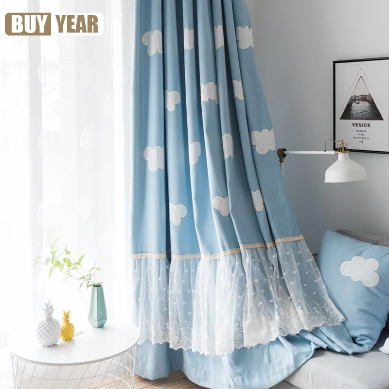 

White Clouds Patterns Blue Cartoon Cotton Linen Velvet Embroidered Curtains for Living Dining Room Bedroom Children's Room