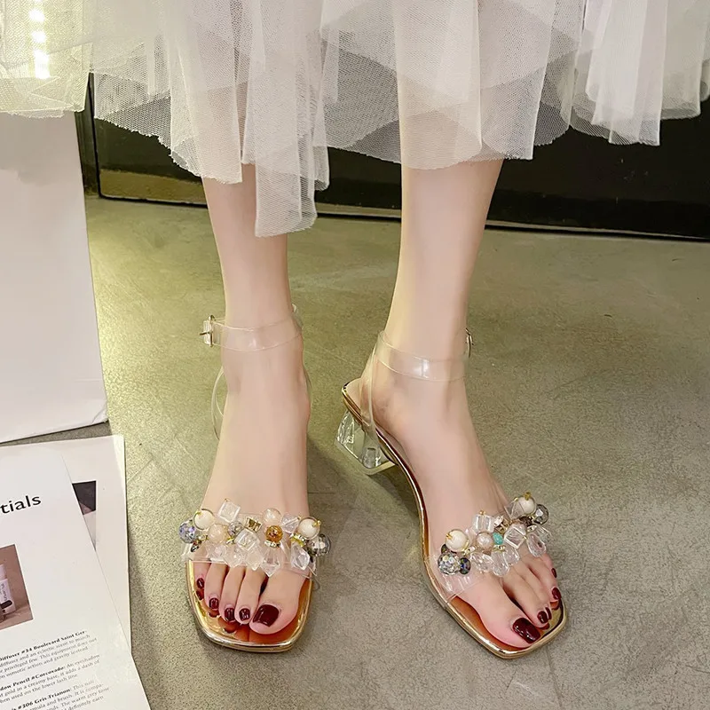 

Fashion Womens Shoes 2021 Med Beige Heeled Sandals Luxury Medium Black Block Retro Plastic Comfort Pearl High Rhinestone New Gir