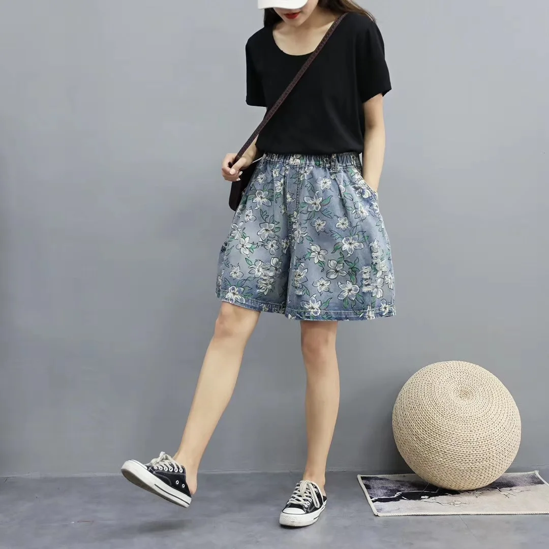 Шорты женские джинсовые с эластичным завышенным поясом винтажные повседневные