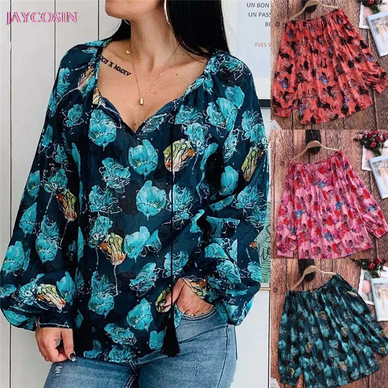 JAYCOSIN 2020 Personality Multicolor Sweater Women's Printing Long Sleeve Shirt Tie Knot Casual Blouses Tops V-Neck Drop #1217 | Женская