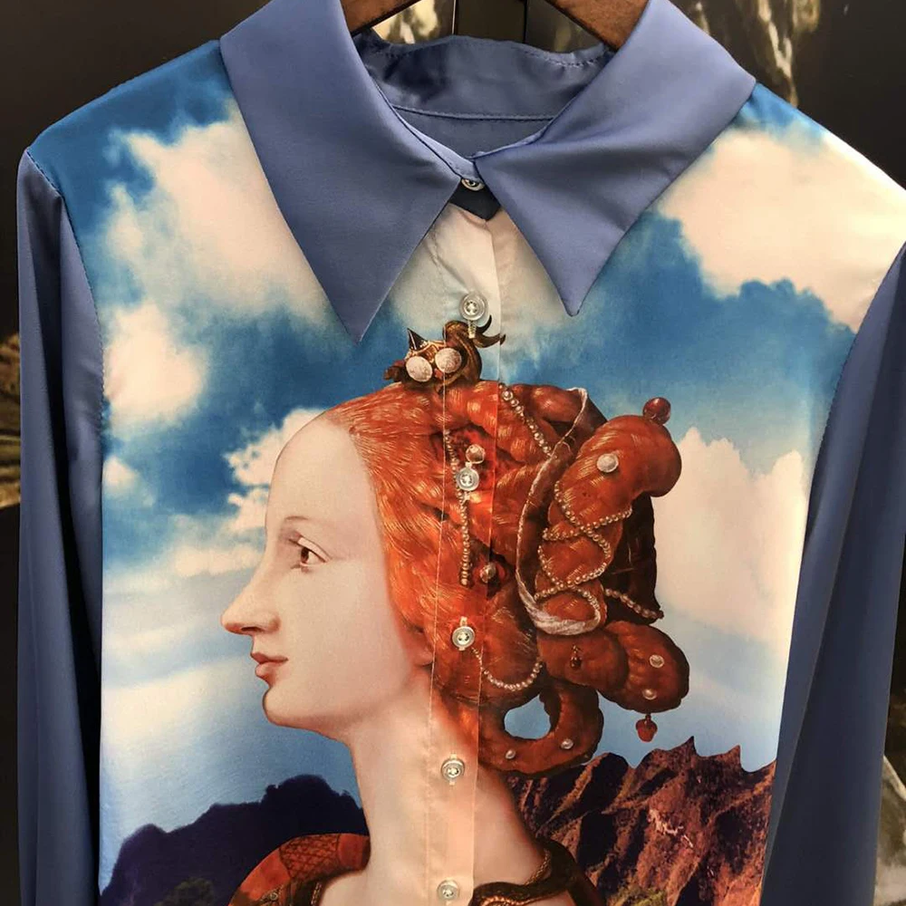 Office Spring Ladies Autumn Elegant Blue Flower Print Bow Blouse+Full-Lenght Pants Women High Quality Sets