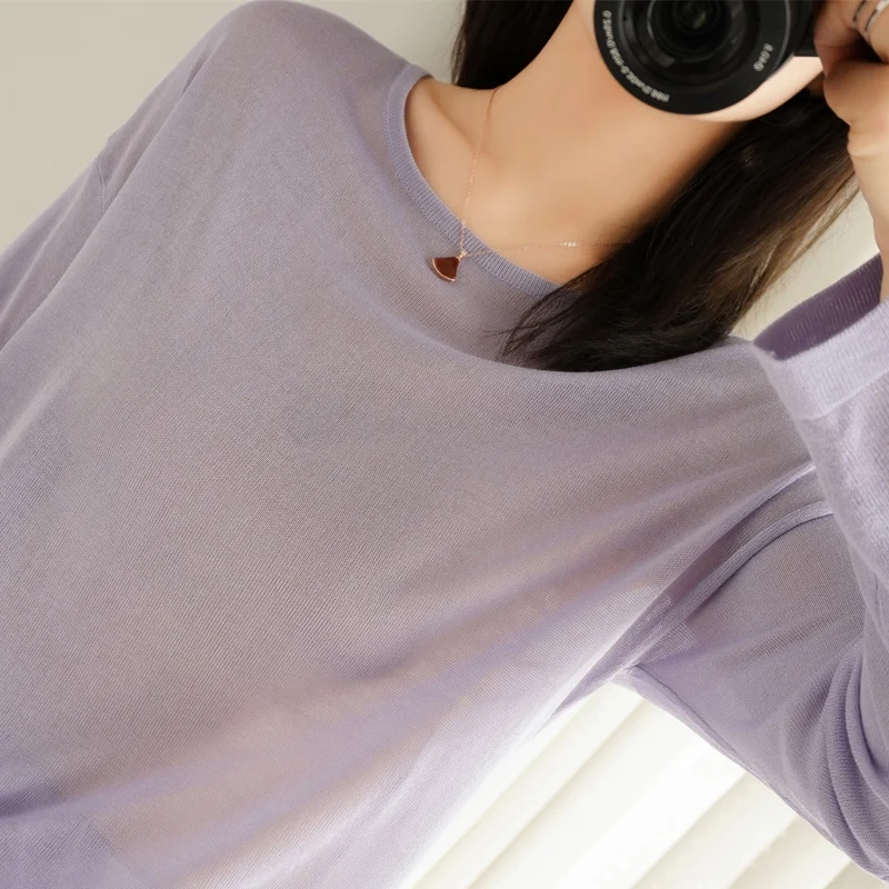 

spring summer hedging long-sleeved o-neck all-match knit sweater women's bottoming outer wear loose micro-transparent thin