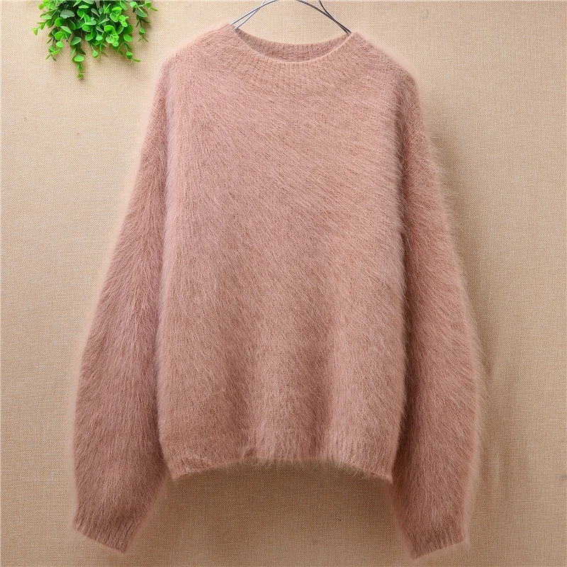women o-neck long sleeve rabbit fur cony hair knitwear solid basic pullover autumn sweater loose mink cashmere blouses | Женская одежда