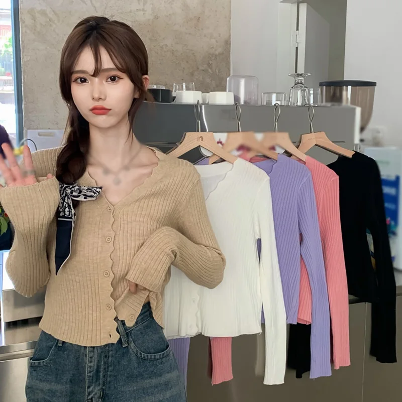 

Women Knitted T Shirts Sexy V Neck Solid Color Casual Sweet Long Sleeved Cardigan Tops