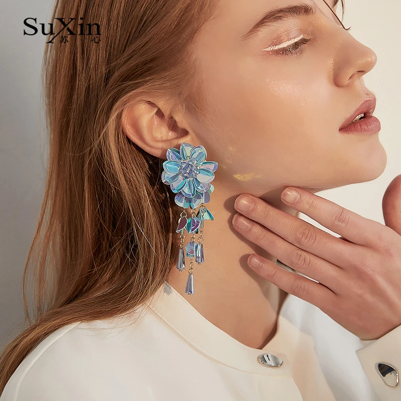 

SuXin earrings 2020 new fashion simple sequins flower earrings for women long crystal pendant earrings jewelry gift