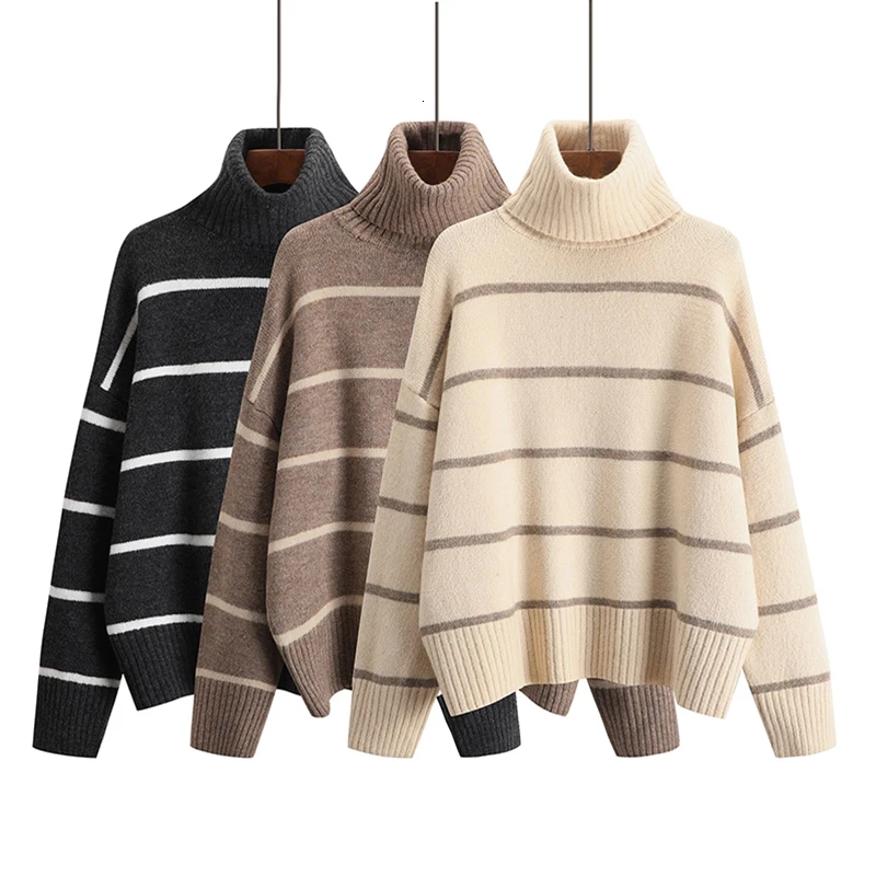 Autumn Winter Women Casual thick Sweater 3 Colour Turtleneck Computer Knitted Striped Pullovers Loose Office Lady Top | Женская одежда