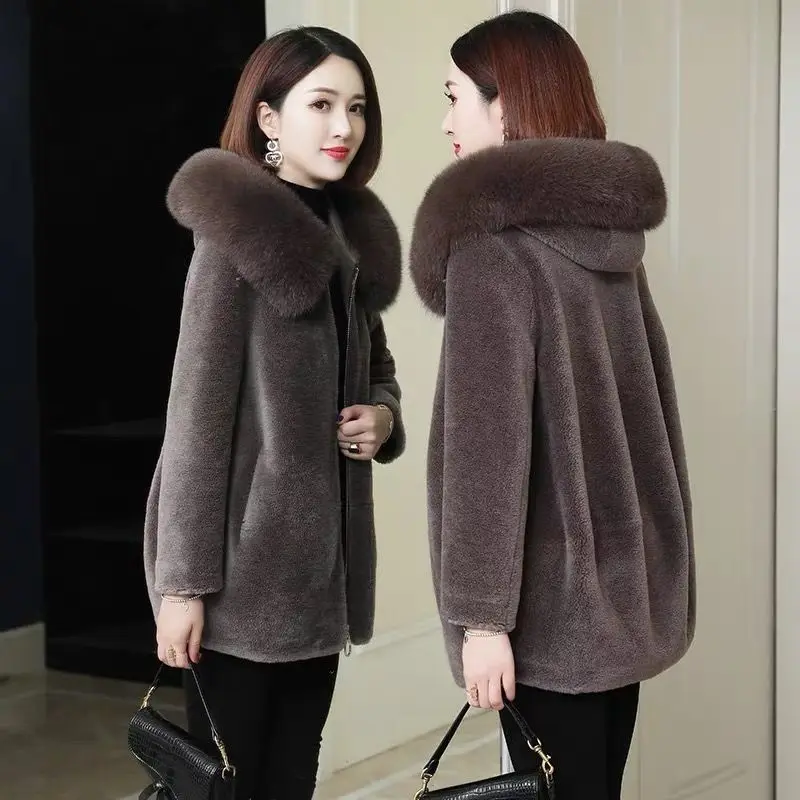 Women 2021 Autumn Winter New Fashion Real Lamb Wool Coat With Natural Fox Fur Hooded Jacket Thick Granule Warm Outerwear L648