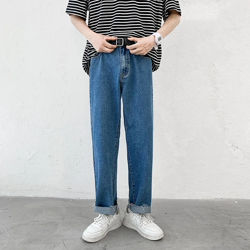 

Wide Leg Jeans Men's Fashion Retro Blue Baggy Biker Jeans Men Streetwear Loose Hip-hop Straight-leg Denim Trousers Mens M-2XL