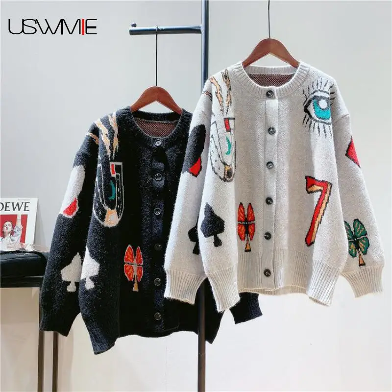 

Кардиган женский абстрактный граффити зимний контрастный цвет модный жаккардовый вязаный свитер женский с длинным рукавом удобный теплый ...