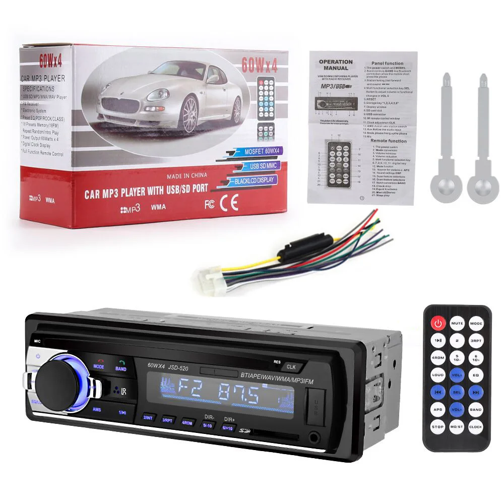 

Bluetooth V2.0 JSD-520 Stereo Autoradio Car Radio 12V In-dash 1 Din FM Aux Input Receiver SD USB MP3 MMC WMA Audio Player JSD520