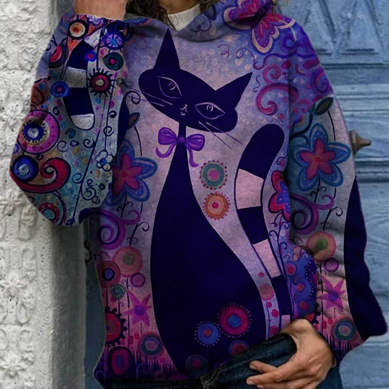 

Harajuku Cat Print Patchwork Hoodies Women Long Sleeves Pullover Tops Women's Sweatshirt 2021 Loose Casual Female Anime Hoodie