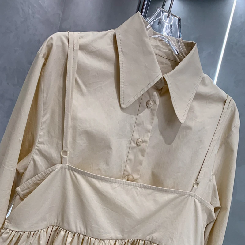 

XIZIHUPAN Apricot Dress For Women Lapel Long Sleeve Solid Minimalism Ruched Sweet Korean Dresses Female 2021 Spring Clothing New