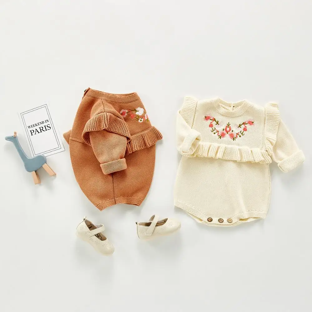 

2020 Baby Romper Solid Colour Embroidered Floral Sweet Long Sleeve Knitted Rompers