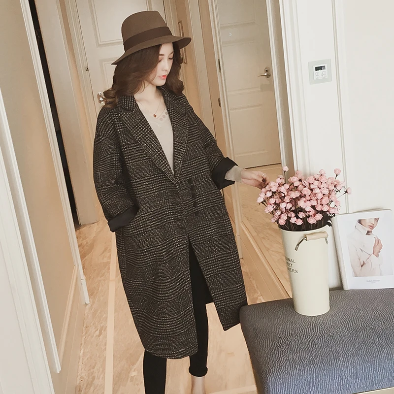 

Woolen coat women's medium length plus cotton thickened windbreaker women's spring autumn winter Korean loose large plaid coat