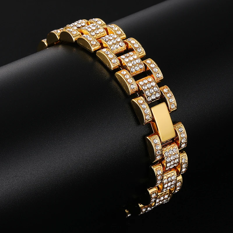 Хип хоп Iced Out Bling цвета: золотистый, серебристый полный часы со стразами группа звено цепи браслеты для мужчин рэппер ювелирные изделия