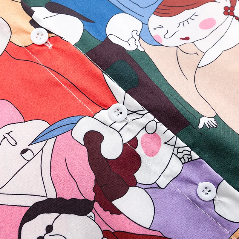

Summer Women Short Sleeve Shirt Fashion Cartoon Print Lapel Blouse Loose Harajuku Shirts Casual Womens Tops and Blouses