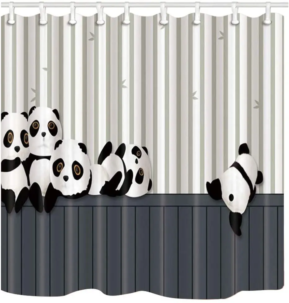 

Cartoon Panda Playing on The Striped Wooden Shower Curtain Polyester Fabric Bathroom Fantastic Decorations